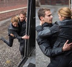 the actors are hugging each other in front of a bus door while another man looks on