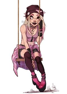 a drawing of a girl on a swing with pink hair and purple boots, holding a cell phone