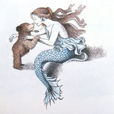 a drawing of a mermaid hugging a bear with her tail wrapped around it's neck