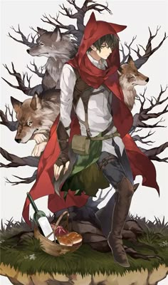 an anime character is standing in front of two wolfs