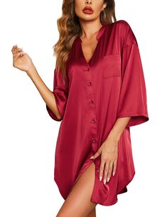 PRICES MAY VARY. 💎Material: The satin nightshirts with high quality fabric is soft, comfortable yet durable, skin-friendly and breathable 💎Design: Silk sleepshirt featuring 3/4 sleeve, button down, v neck, side pocket, solid color, curved hem to make you relaxed and sexy. The front button is perfect for nursing moms, not only can protect your privacy, but also can make you more fashionable 💎Botton down Sleep Shirts: Satin nightdress can be as maternity nursing nightgown. Perfect for breastfee Nursing Gown, Nursing Nightgown, Pyjama Satin, Satin Bluse, Silk Sleepwear, Pajama Dress, Satin Short, Outdoor Shirt, Nightgowns For Women