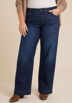 Plus Size Dark High Rise Wide Leg Jean - Materials & Care:imported - 73% cotton 20% lyocell 2% elastane - machine wash Womens Plus Size Wide Leg Jeans, Maurices Plus Size, High Rise Wide Leg Jeans, Curvy Jeans, Jeans Material, List Style, Plus Size Jeans, Ankle Jeans, Hat Hairstyles