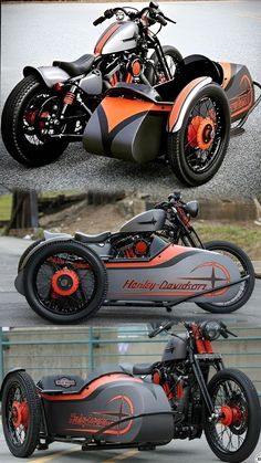 three different views of an orange and black motorcycle