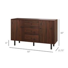 the sideboard is shown with measurements for each drawer and two doors on one side