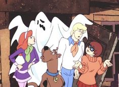 cartoon characters standing in front of a ghost