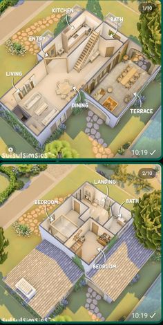 two views of the same house from above and below, with different rooms in each