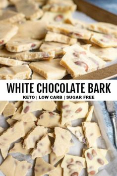 white chocolate bark is cut into squares and placed on top of each other