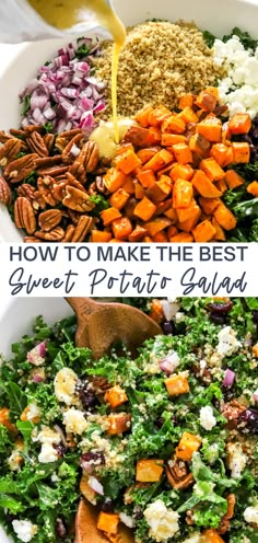 roasted sweet potato salad with kale and quinoa salad dressing in a bowl