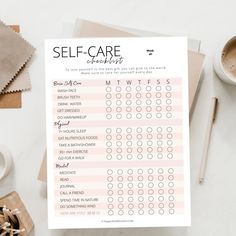 a printable self care checklist on top of a table next to coffee and napkins