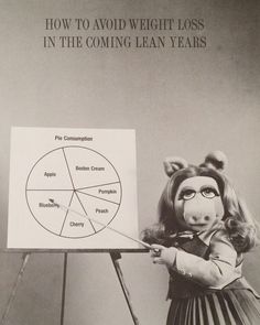 an old photo of miss piggy holding a pie chart