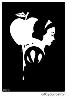 the silhouette of a woman with an apple on her head, in black and white