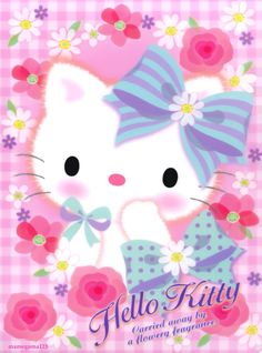 a hello kitty greeting card with flowers and bows on the front, in pink gingham