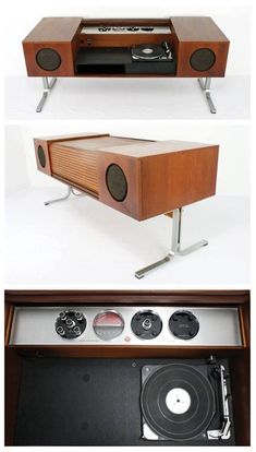 an old record player is turned into a coffee table with speakers on the top and bottom