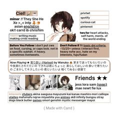 an anime character's profile and description card