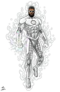 a drawing of a man in a white suit and helmet with flames around his body