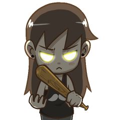 an anime character holding a baseball bat with glowing eyes and dark hair, wearing a black shirt