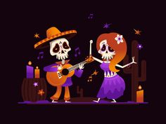 two skeletons playing music in the dark