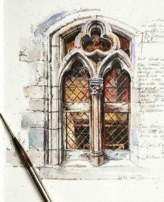 a drawing of an old window with some writing on the wall and a pen next to it