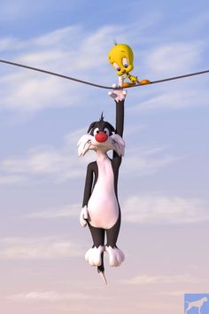 a cartoon cat hanging on to a rope with a bird perched on it's head