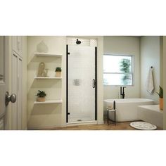 a bathroom with a walk in shower next to a bathtub and shelves on the wall