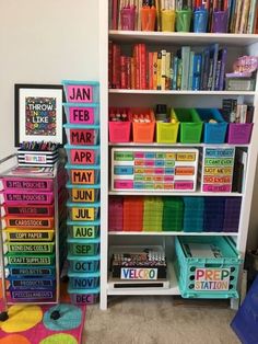 colorful bookshelves and bins in a playroom