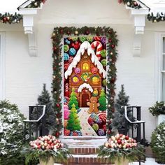 a decorated front door with christmas decorations and wreaths