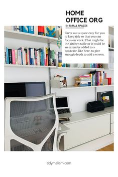 Picture of a white Vitsoe 606 bookshelf designed by Dieter Rams, in a small home office space. The walls are white and in front of the shelving unit is a Cosm chair from Herman Miller. There is an extender shelf on the lower half of the unit, the depth of which has room for a computer screen and a laptop stand. The room is very bright and tidy, welcoming one to settle in to home office work. Wfh Tips, Work From Home Space, Home Tips, Space Interiors, Work From Home Tips, Home Space