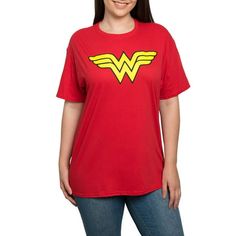 She's ambitious, noble, independent and passionate! Wonder Woman lends her charm and logo on this 100% cotton, short sleeve plus size t-shirt for women. > Plus Size Women's Wonder Woman Short Sleeve T-Shirt Red > Featuring a graphic print of Wonder Woman's logo in yellow on the front. > Crew neck, short sleeves, no print on back. > 100% Cotton. Ultra-soft, lightweight and comfortable fabric. > Officially licensed DC Comics women's apparel. Size: 4X.  Gender: female.  Age Group: adult. Superhero Dress Up, Wonder Woman Halloween Costume, Wonder Woman Shirt, Comic Clothes, Dc Comics Women, Superman Shirt, Superman T Shirt, Wonder Woman Logo, Dc Comics Superheroes