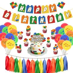 a birthday party with cupcakes, balloons and streamers on a white background