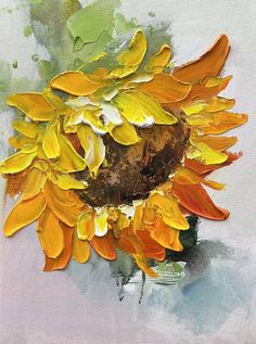 an oil painting of a sunflower with yellow petals on it's back side