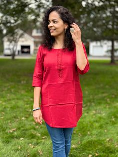 This Red Short Kurti is the perfect way to express your unique sense of style. Crafted from luxurious rayon fabric, its comfortable all day wear ensures that you can look and feel your best. An eye-catching blend of indo western, this piece is a must-have for the fashion-forward individual. Wash and Care : Hand wash in cold water and air dry. Note : Please size up as Kurta fits snug. Fit: Regular Fit Fabric: Rayon Neck: Round Sleeves: 3/4th Sleeves Pattern Type: Solid Length: Hip Length Red Straight Kurta For Spring, Red Kurta For Spring, Red Tops For Eid Festive Occasion, Red Festive Top For Eid, Red Top For Festive Occasion And Eid, Elegant Spring Straight Kurta Tops, Red Short Sleeve Tunic, Red Straight Kurta Top For Festive Occasions, Elegant Straight Kurta Tops For Summer