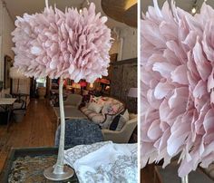 two pictures of large pink flowers in a vase and on the floor next to couches