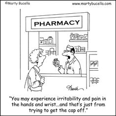 a cartoon depicting a pharmy customer talking to a man in front of a pharmacy