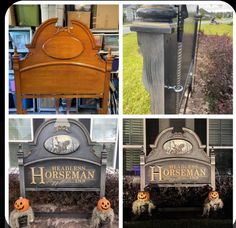 four different signs with carved pumpkins on them