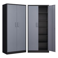 two metal storage cabinets with doors open on each side and shelves in the middle, against a white background