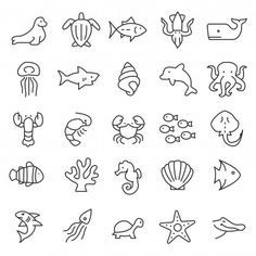 sea animals and fish line icons