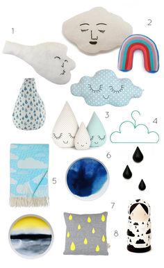 a bunch of different items that are on a white surface, including clouds and raindrops