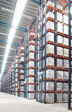 a large warehouse filled with lots of shelves and pallets full of boxes on top of them