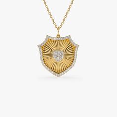 Diamond Charm  / 14k Gold Diamond Shield Medallion Pendant / Sunburst Armor Badge Pendant Necklace  ▶ Details   * Made to Order * Gold KT: 14K Solid Gold (also available in 18K & Platinum upon request) * Length: 18.75 MM * Width: 19.00 MM * Round Diamonds: 63 Pcs 1.00MM * Round Diamonds: 4 Pcs 1.20MM * Total Ctw: 0.35 Ctw * Color and Clarity: G Color SI Clarity * Ready to Ship in 1-2 Business Days ▶ See more of our Diamond Necklace - http://etsy.me/2mqa6O1  ▶ See our storefront here - http://etsy.me/2lUcVnH  ▶ All store sections here * Diamond Rings - http://etsy.me/2lwKUl8  * Diamond Earrings - http://etsy.me/2lyqVBP  * Diamond Necklace - http://etsy.me/2mqa6O1  * Diamond Bracelets - http://etsy.me/2mVrAB5  * Diamond Wedding Rings - https://etsy.me/3YbpVq2  * Gold Wedding Band - https://e Luxury 14k Gold Medallion Diamond Necklace, Luxury Yellow Gold Medallion Diamond Necklace, Rose Gold Charms, Gold Armband, Medallion Necklace, Ruby Jewelry, Diamond Charm, Emerald Jewelry, Sapphire Jewelry