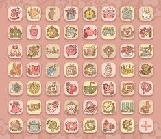 a large set of different types of buttons on a pink background with flowers and animals