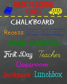 the back to school font is displayed on a chalkboard with different colors and shapes