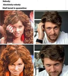 four different pictures of a man and woman with curly hair, one is talking on the phone