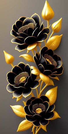 three black and gold flowers on a gray background