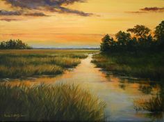 an oil painting of a river at sunset