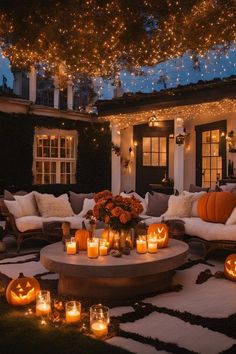 a patio with pumpkins and candles lit up on the ground in front of it