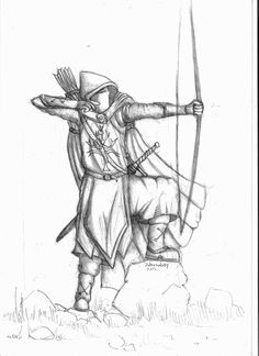 a drawing of a man with a bow and arrow in his hand, standing on top of a rock