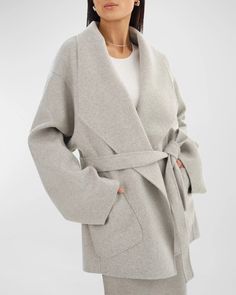 LaMarque Mekia Belted Double-Face Wool Oversized Wrap Coat | Neiman Marcus Wool Wrap Coat, Leather Industry, Wool Wrap, Wrap Coat, Leather Pieces, Double Face, Outerwear Coats, Shawl Collar, Puffer Coat