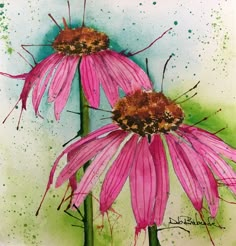 two pink flowers with green stems in front of a watercolor painting on white paper