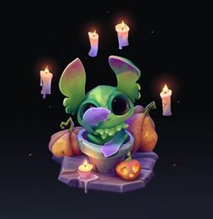 a cartoon character sitting on top of a pile of pumpkins with candles in the background