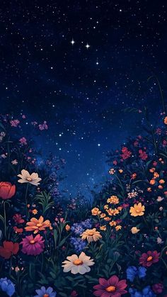 the night sky is full of stars and flowers